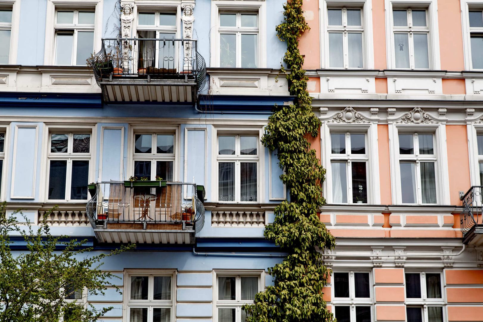 Ein blaues und ein orangefarbenes Altbauhaus mit grün bewachsener Fassade